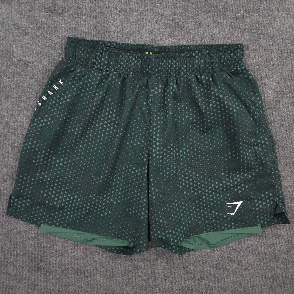 Gymshark Sport 2-in-1 Shorts Mens L Green Geometric AOP Performance Lined Train
